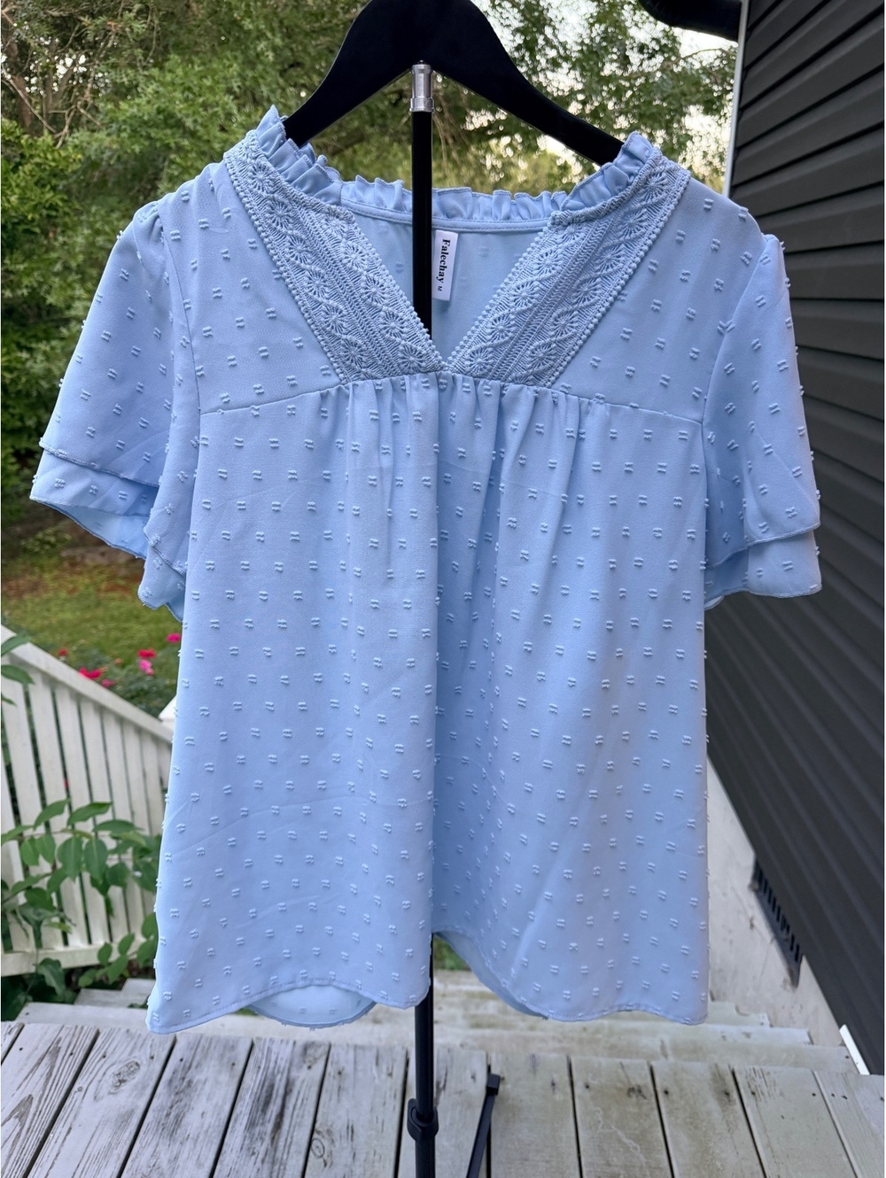 Falechay Light Blue Textured V-Neck Blouse Size M